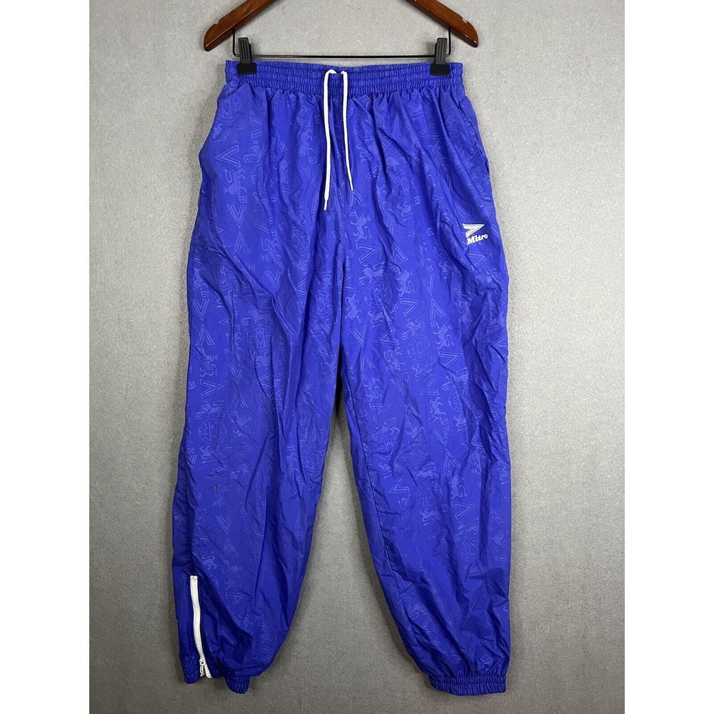 Vintage 90s Mitre Soccer Mens Large Spell Out Lined Nylon‎ Joggers Pants Blue